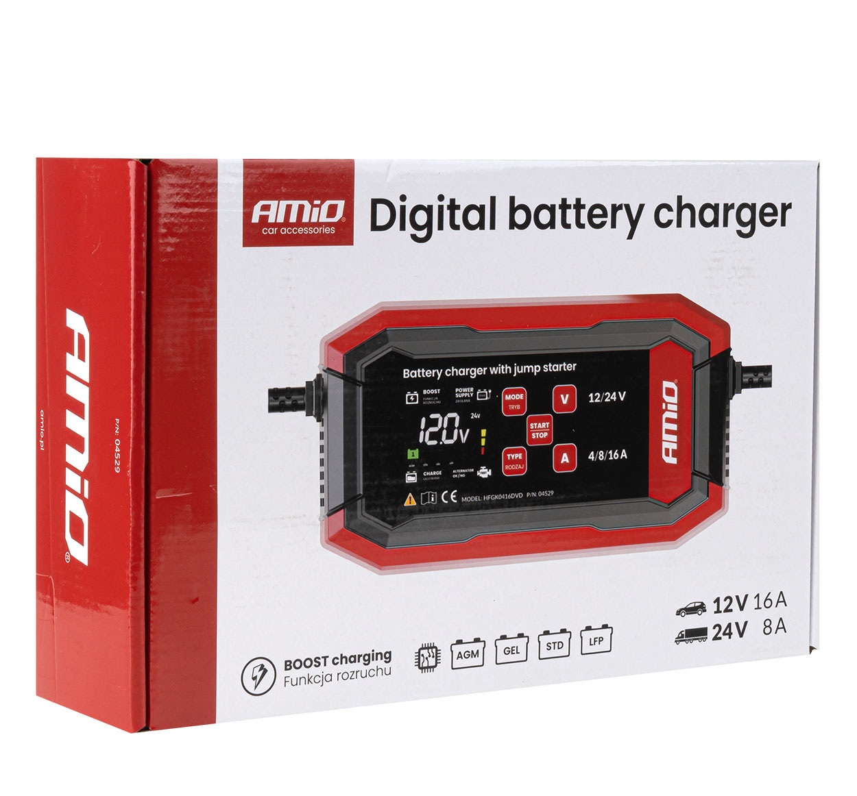 Prostownik cyfrowy z wspomaganiem rozruchu AGM GEL STD LFP MAX 16A 12V 24V PRO AMIO - obrazek 2